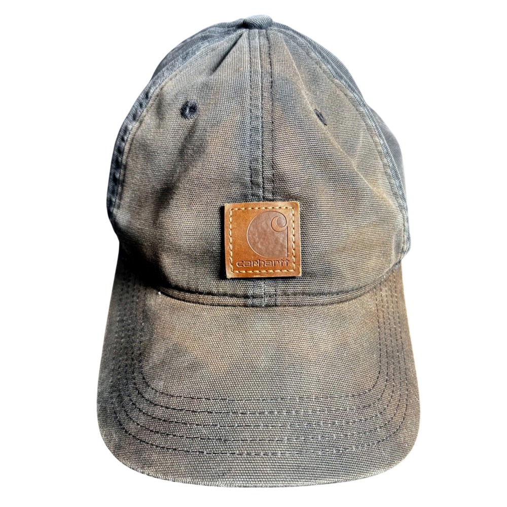 Vintage Carhartt Canvas Baseball Hat Gray Faded Leather Logo Distressed Workwear